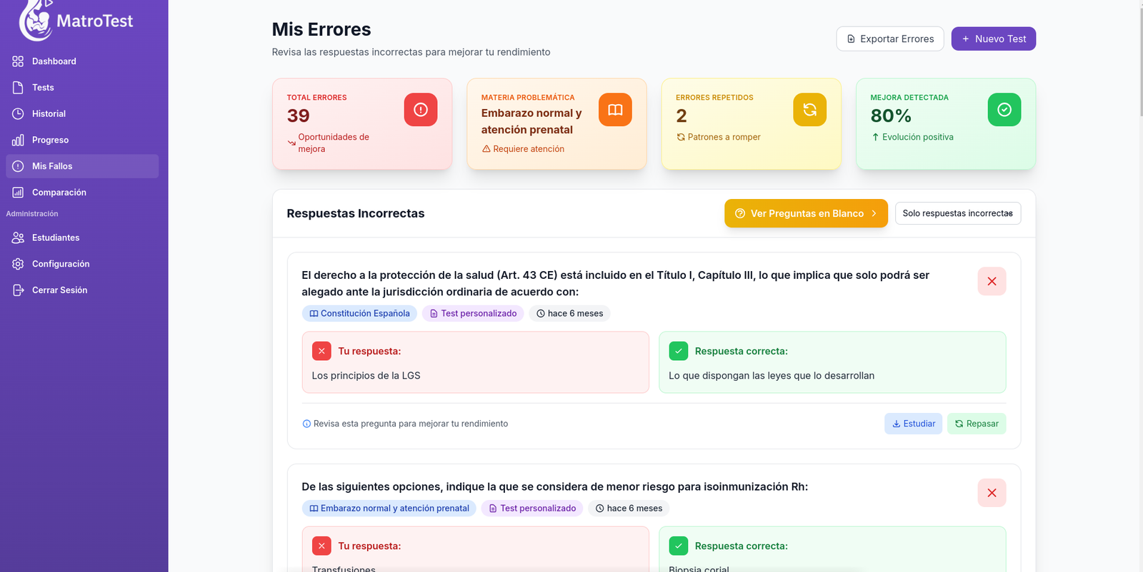 Mis Fallos en MatroTest — repaso de errores por tema