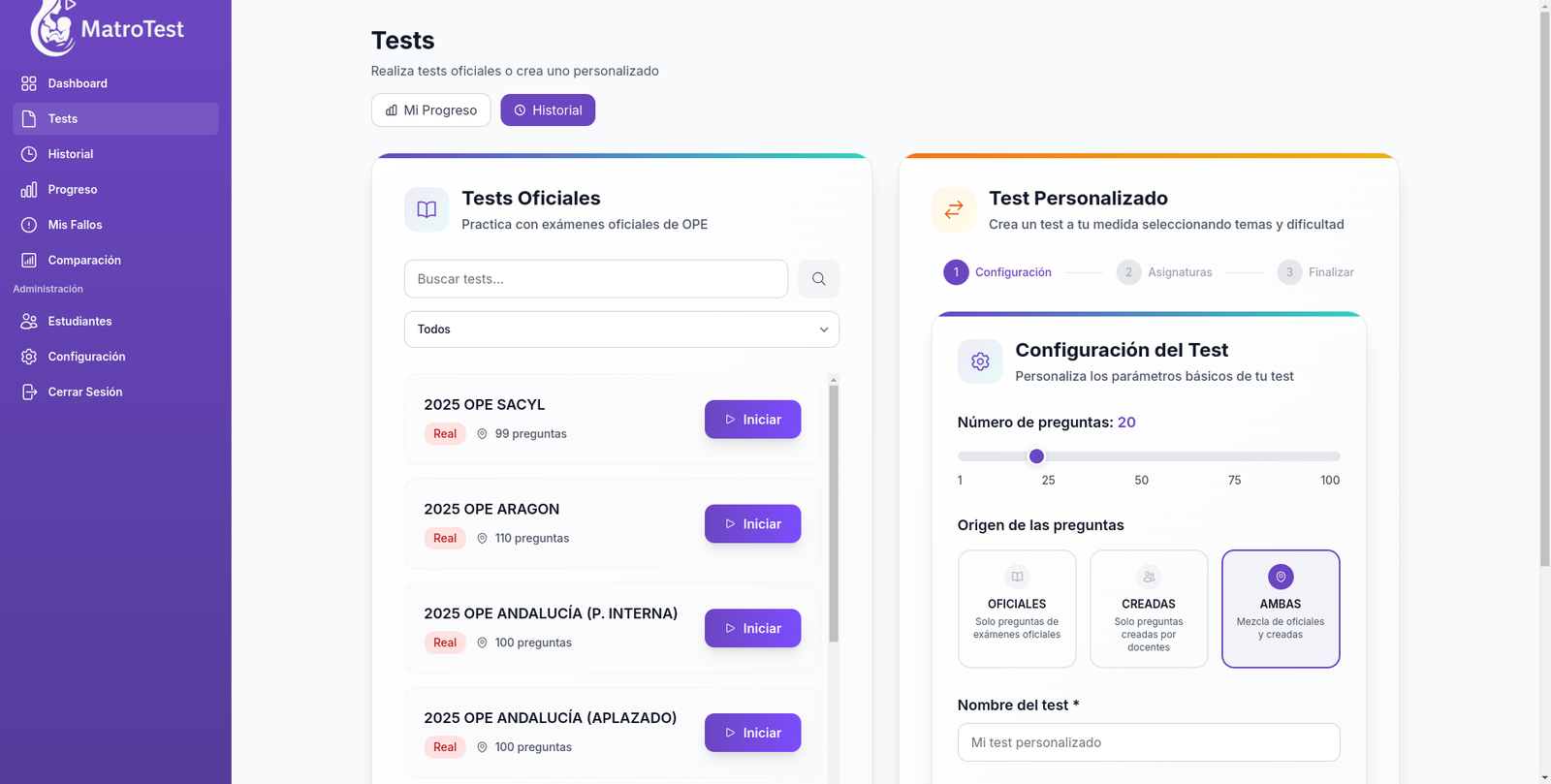MatroTest — plataforma de simulacros para oposiciones de Matrona
