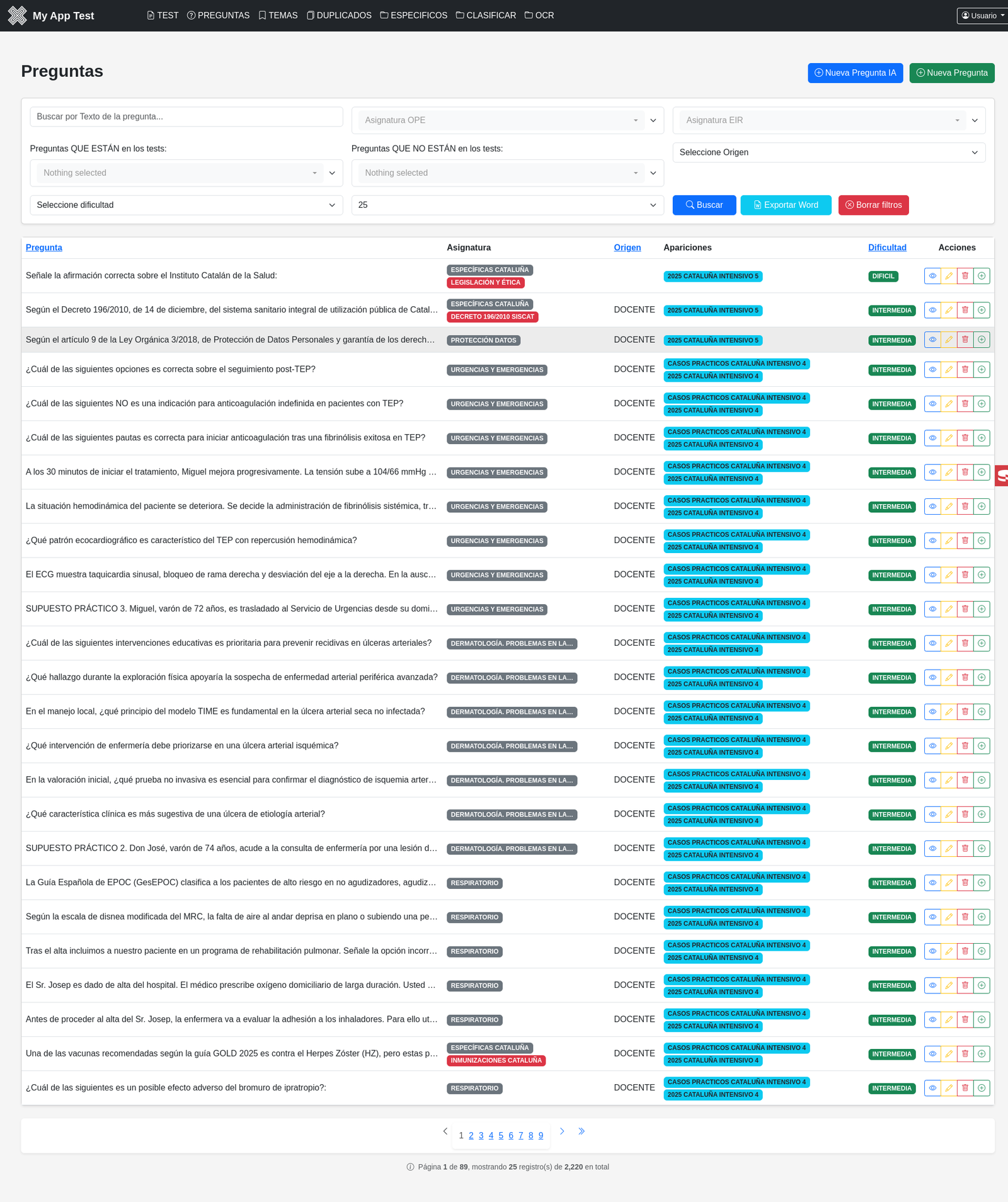 Banco de preguntas — sistema de tests y evaluación
